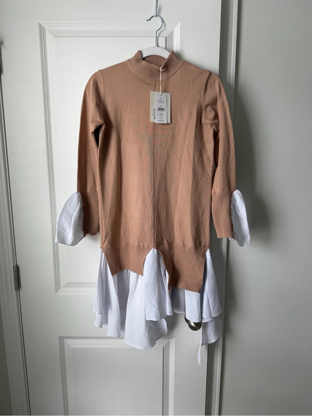 Avantlook Women's Taupe/White Knit Mock Neck Dress Fluted Hem Poplin Cuffs Sz S